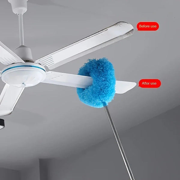 An extendable microfiber duster with a blue fuzzy head is shown hanging from a ceiling fan.