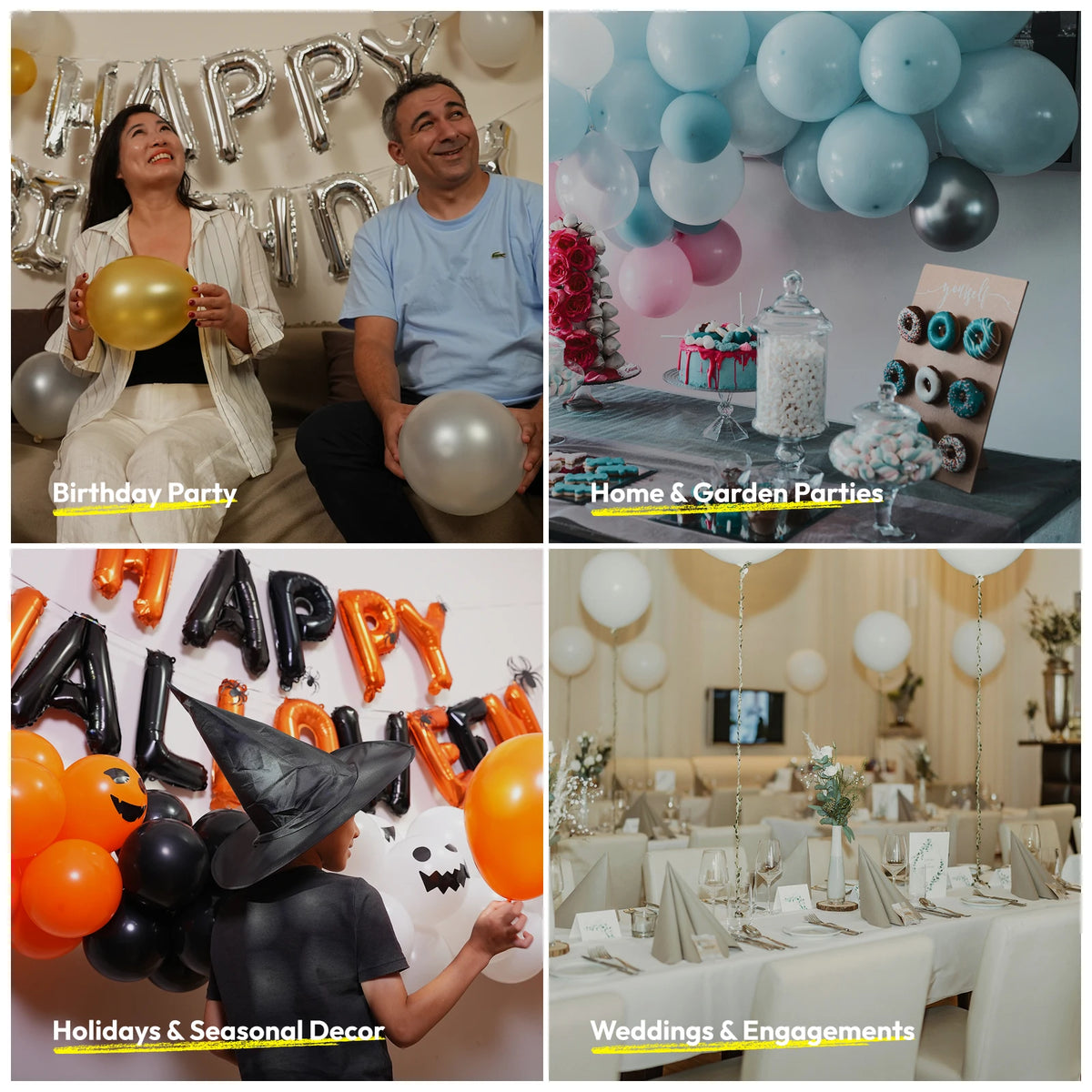A collage showing various balloon party setups including birthday parties, home and garden parties, and weddings and engageme