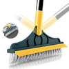 A yellow and dark gray 2-in-1 floor scrub brush being used to clean a surface.