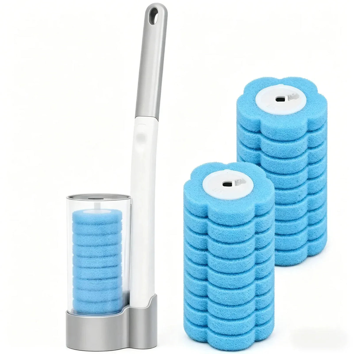 A set of blue toilet brushes with long handles and a cylindrical holder.
