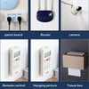 A set of heavy duty double-sided adhesive wall hooks, a router, a camera, a remote control, a hanging picture, and a tissue b