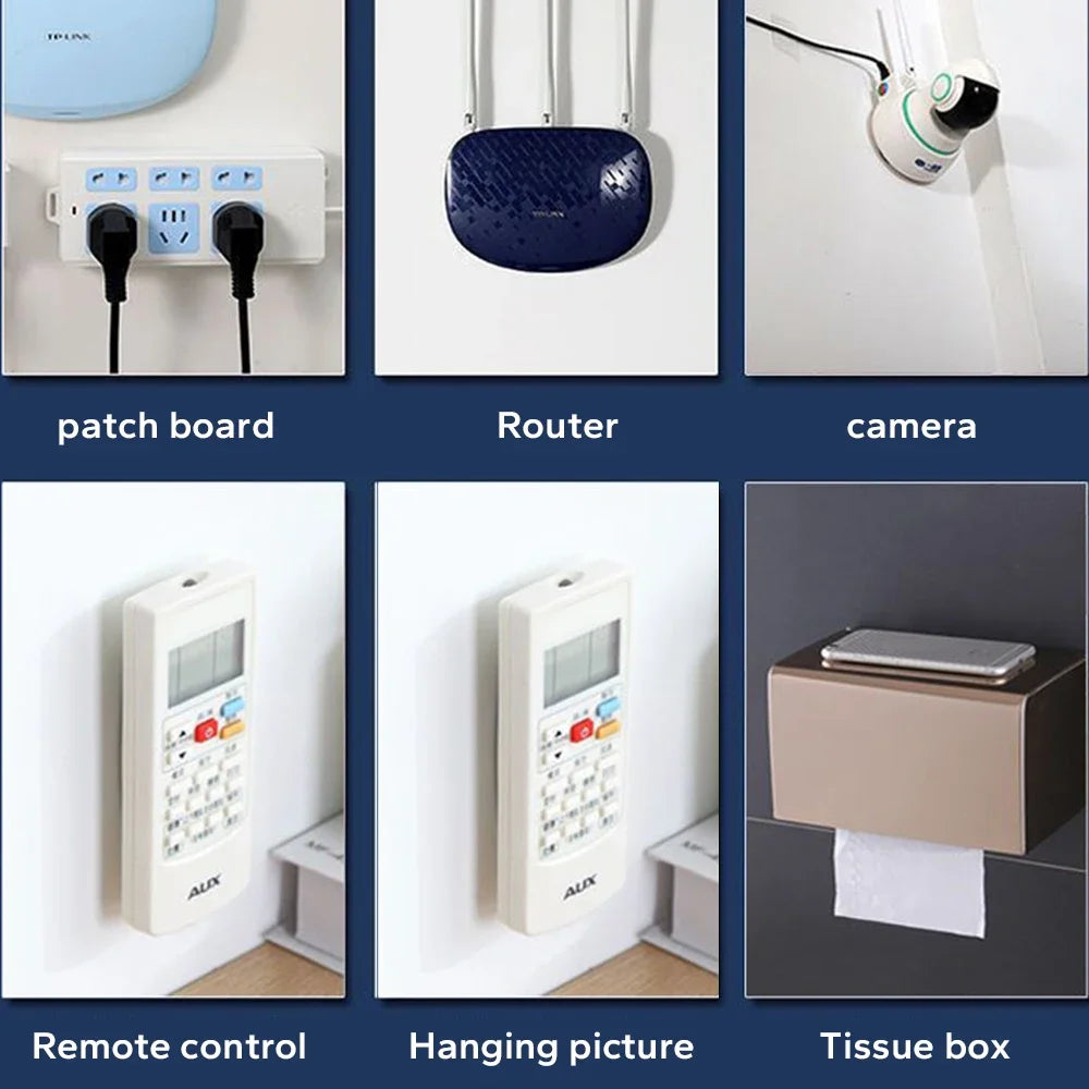 A set of heavy duty double-sided adhesive wall hooks, a router, a camera, a remote control, a hanging picture, and a tissue b