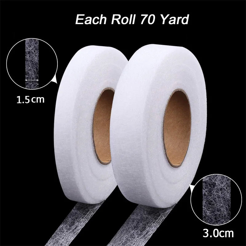 Rollos de cinta de dobladillo de tela de uso rudo para coser, mostrando el ancho y el grosor.