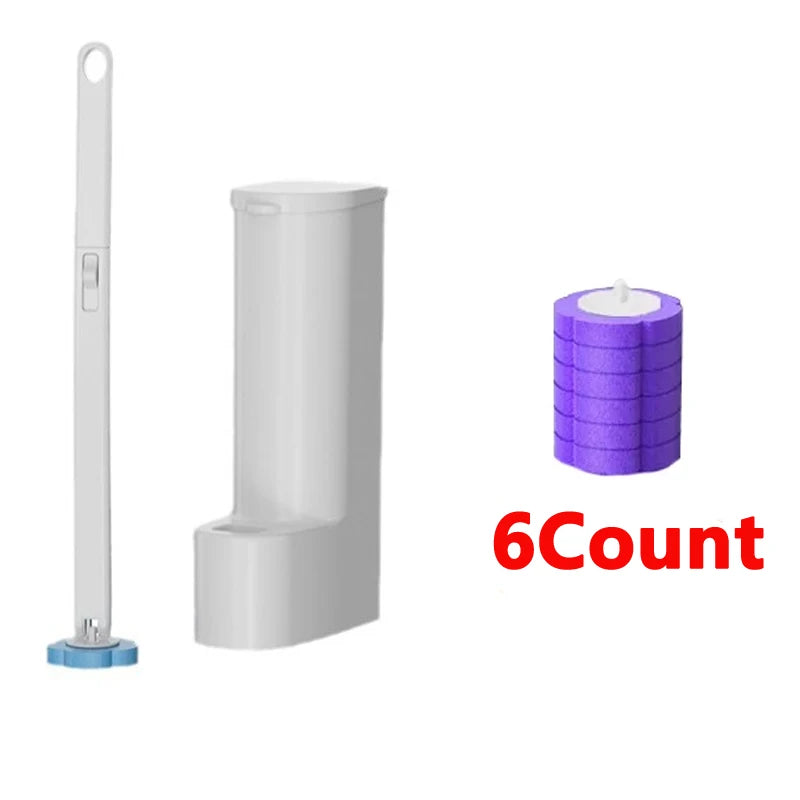 A set of six purple reusable toilet cleaning brushes stacked together.