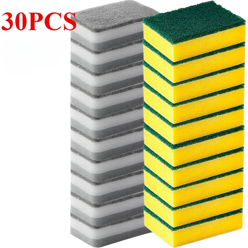 A stack of 30 reusable double-sided kitchen cleaning sponges, alternating gray and bright yellow.