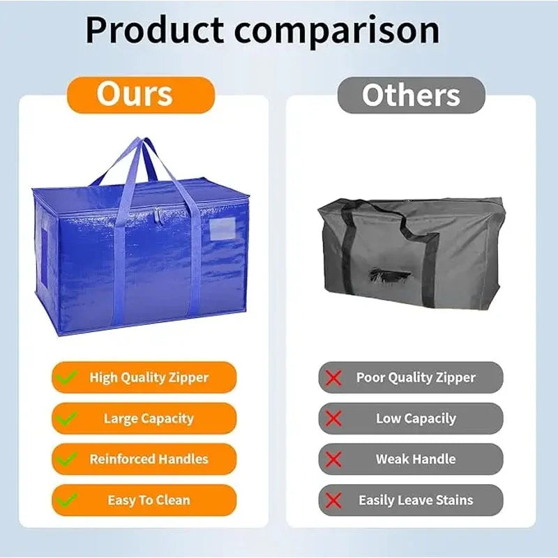 Comparison of our heavy duty extra large moving bags versus others, highlighting quality and capacity features.