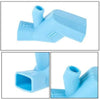 A light blue flexible silicone faucet extender used for easy washing.