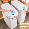 A white automatic sensor trash can is shown with a hand interacting with the sensor, highlighting its auto-sensing and one-pu