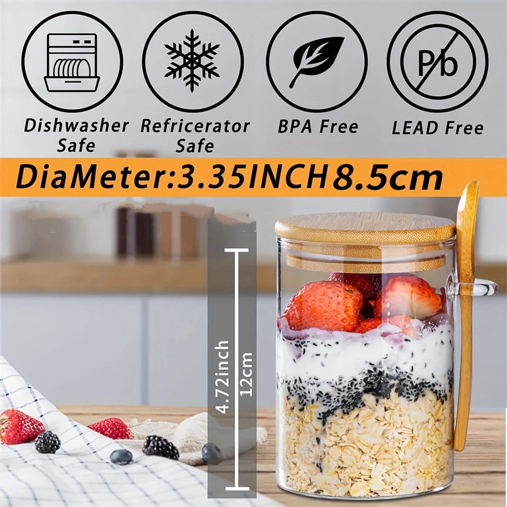 A clear glass jar filled with breakfast cereal and fruit, sealed with a bamboo lid.