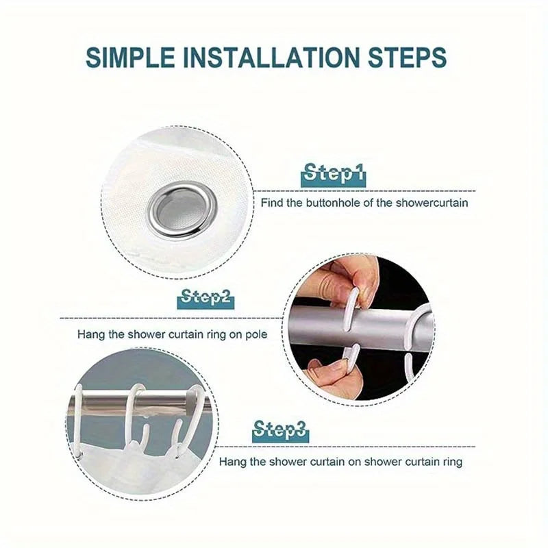 Simple installation steps showing how to hang a shower curtain ring on a pole and attach the shower curtain.