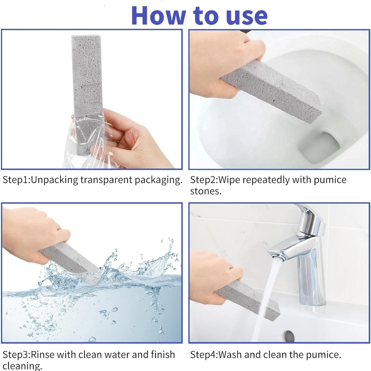Instructions showing how to use pumice stone cleaning sticks for stain removal on surfaces.
