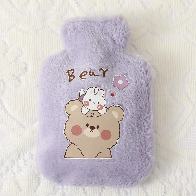 A soft lavender plush cartoon bear and rabbit design on a hot water bottle.