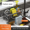 Gun Gray kitchen sink side storage rack with a detachable hanging rod and yellow cleaning sponges
