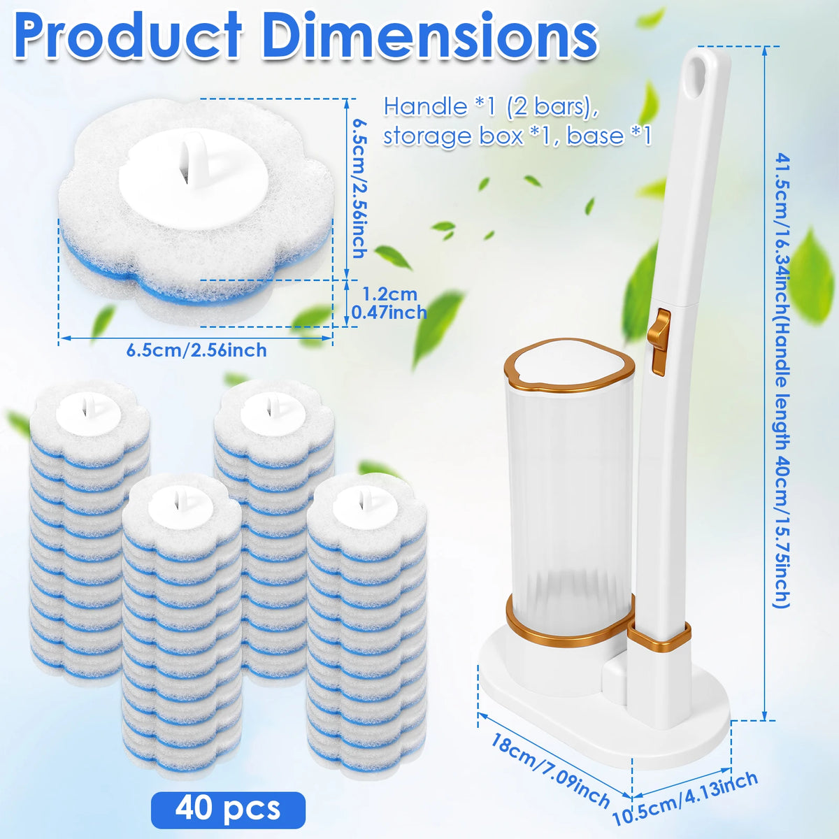 A set of 40 disposable toilet brush cleaning kits with white bristles and a long handle are shown.