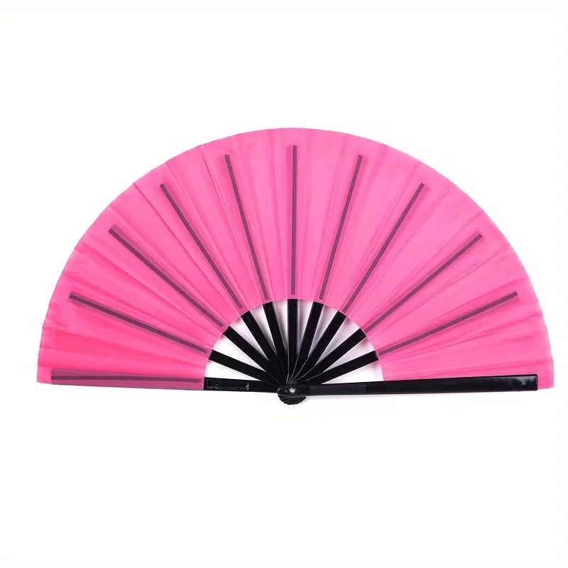 A bright pink handheld folding fan with black ribs, shown spread open.