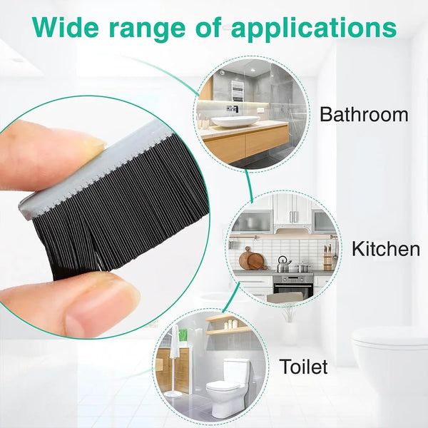 Stiff bristle crevice cleaning brush shown with applications in bathroom, kitchen, and toilet.