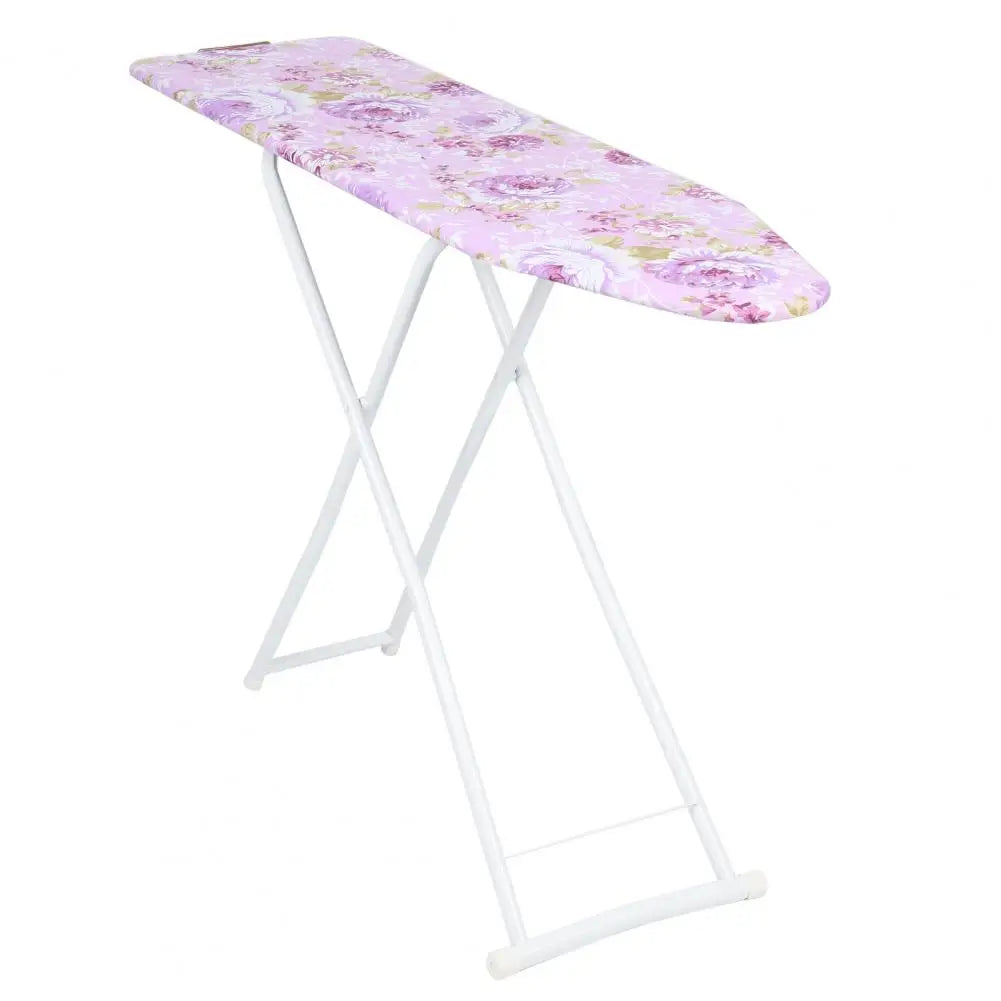 Tablero de planchar floral morado con marco blanco.