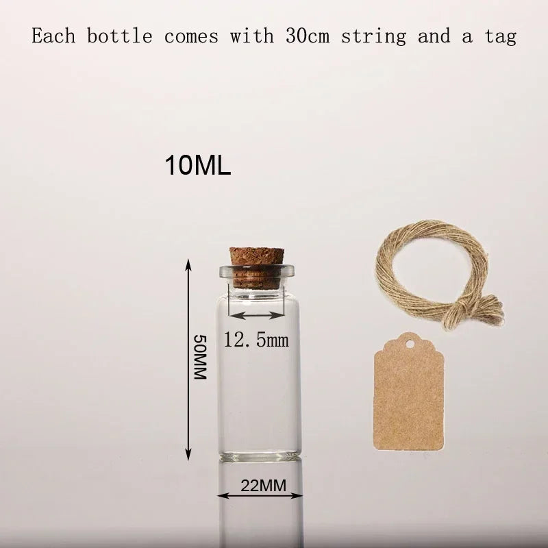 A clear glass bottle with a cork and a tag is shown next to a measuring scale.