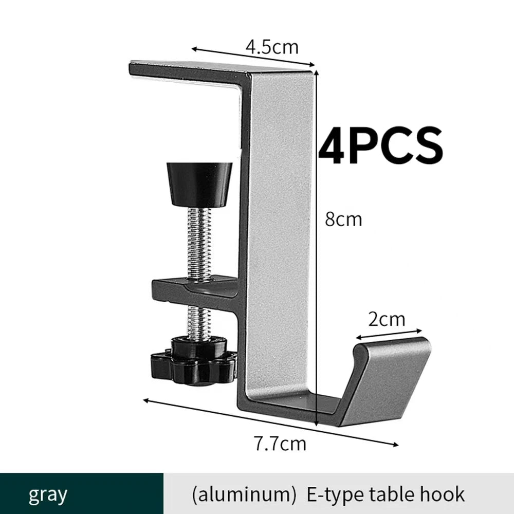 A gray aluminum E-type table hook with a 4.5cm opening and various sized hooks.