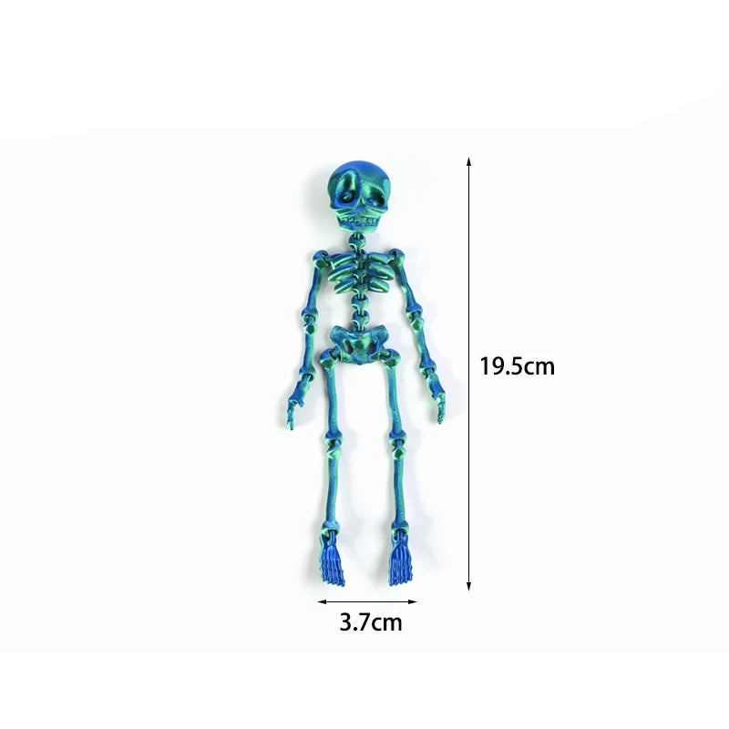 A detailed, poseable skull figure made of blue-green material, displayed against a white background.