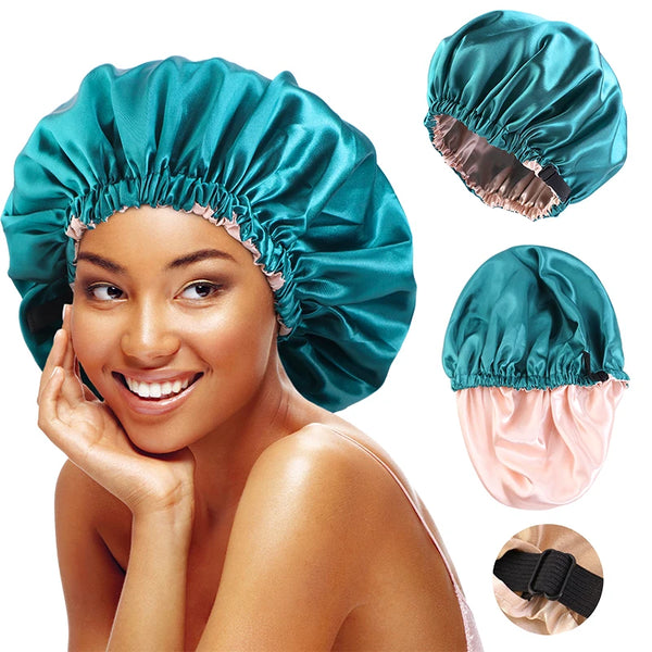 A woman wearing a teal satin sleep cap with pink lining, shown alongside the product.