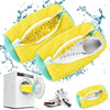 A yellow shoe laundry bag is shown with water splashing, next to a washing machine and a pair of shoes.