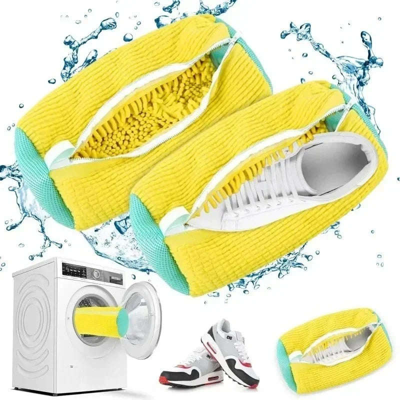 A yellow shoe laundry bag is shown with water splashing, next to a washing machine and a pair of shoes.