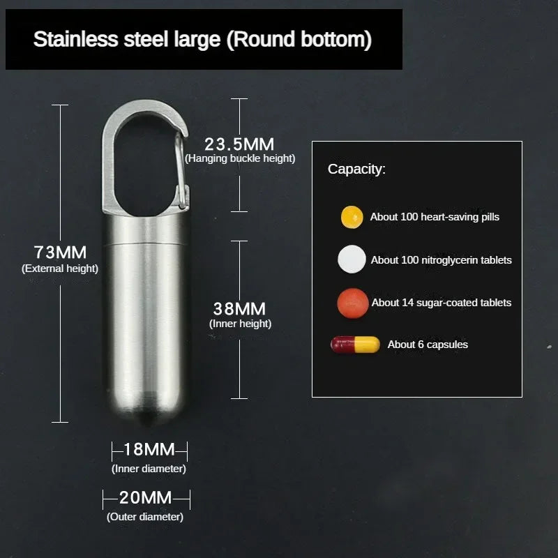 Stainless steel travel pill box with a round bottom showing internal and external dimensions.