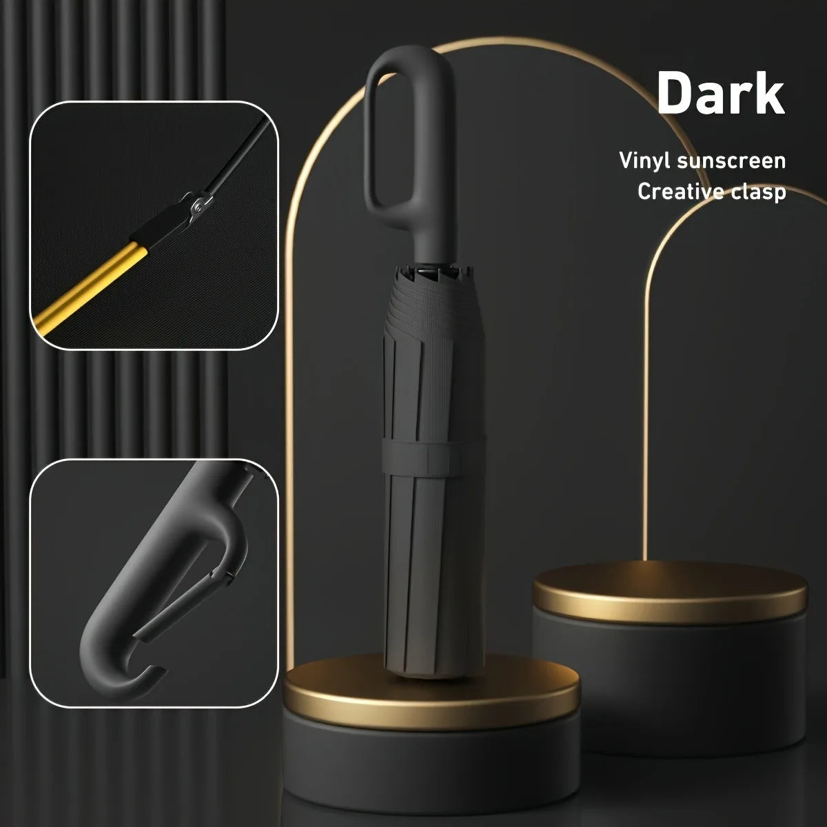 A black vinyl sunscreen creative clasp umbrella with a gold accent displayed on a round stand.