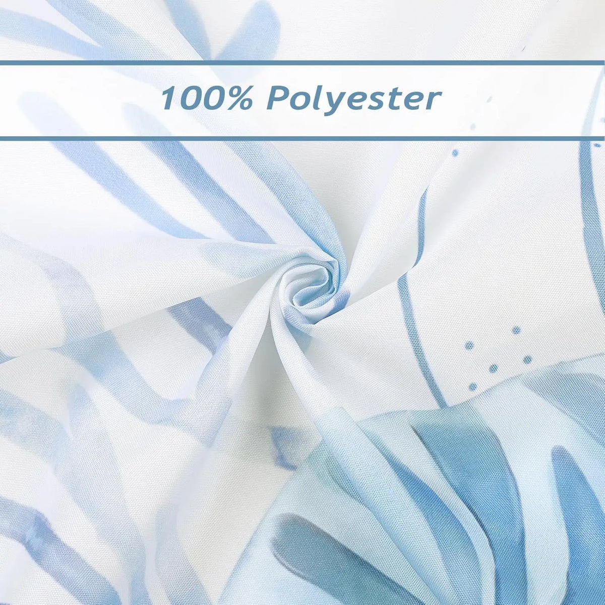 Light blue polyester fabric with white and blue watercolor stripes and starfish patterns