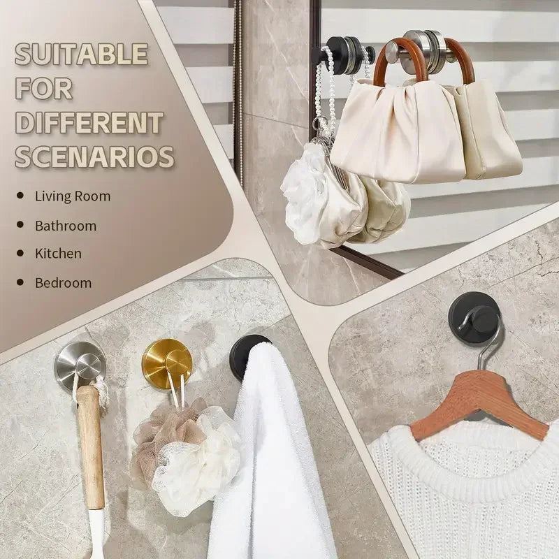 Reusable suction cup hooks in beige and white hanging from a wooden hanger