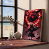 A vertical canvas art poster depicting a silhouette of a figure against a swirling red and black cosmic background.