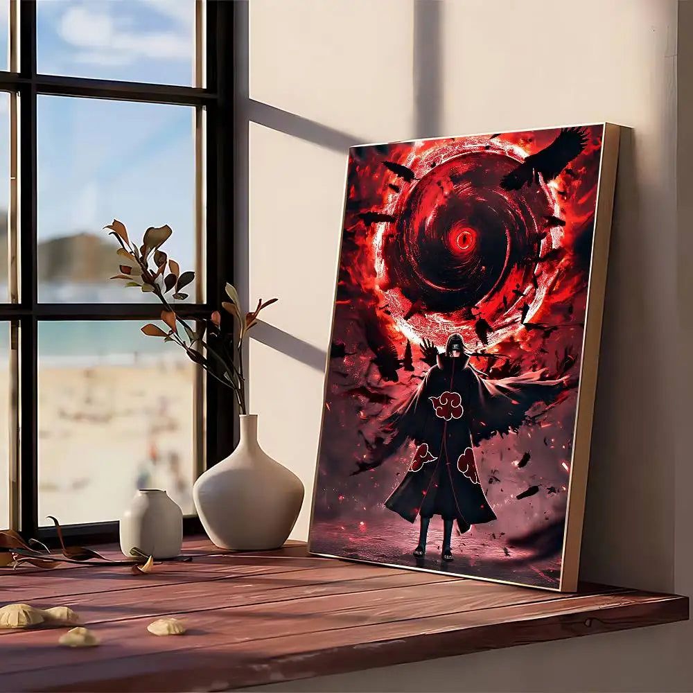 A vertical canvas art poster depicting a silhouette of a figure against a swirling red and black cosmic background.