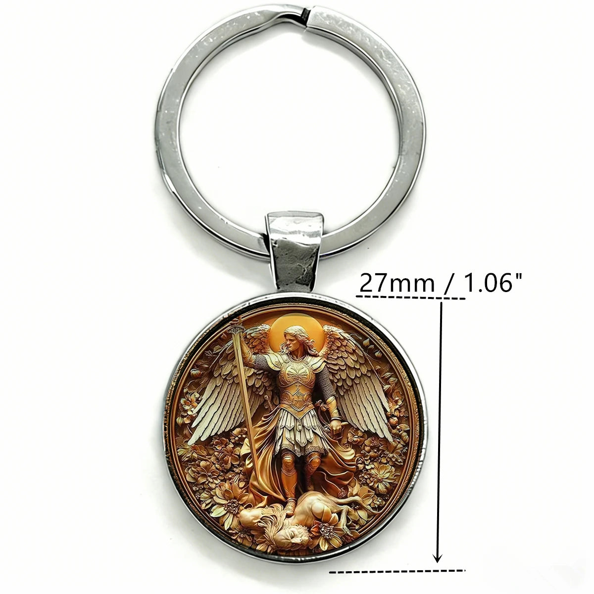 Silver keychain featuring a round medallion depicting the Saint Michael Archangel with wings and a staff.