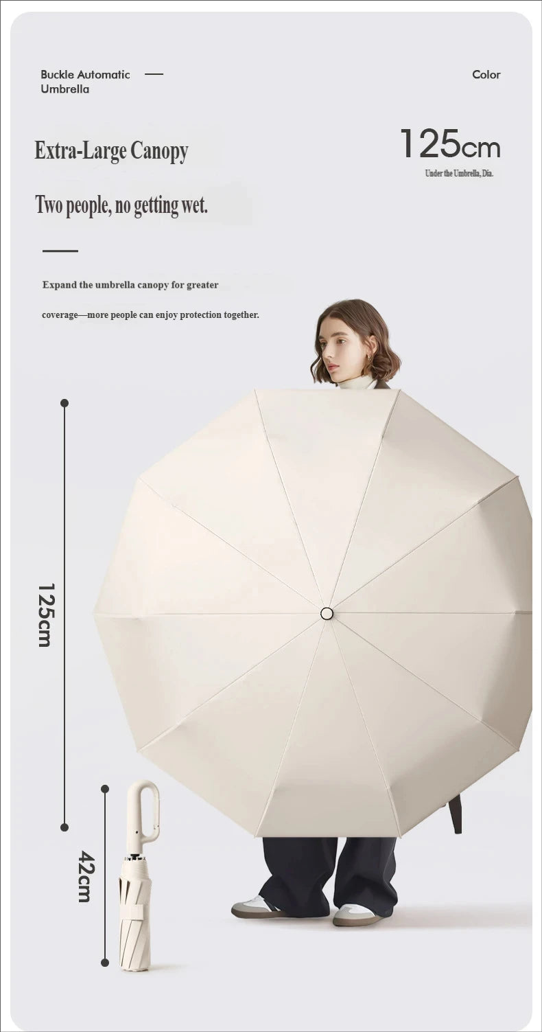 A beige buckle automatic umbrella is shown open, demonstrating its 125cm canopy size.