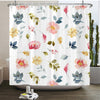 Rideau de douche floral élégant avec des feuilles roses, jaunes et vertes à l'aquarelle sur fond blanc
