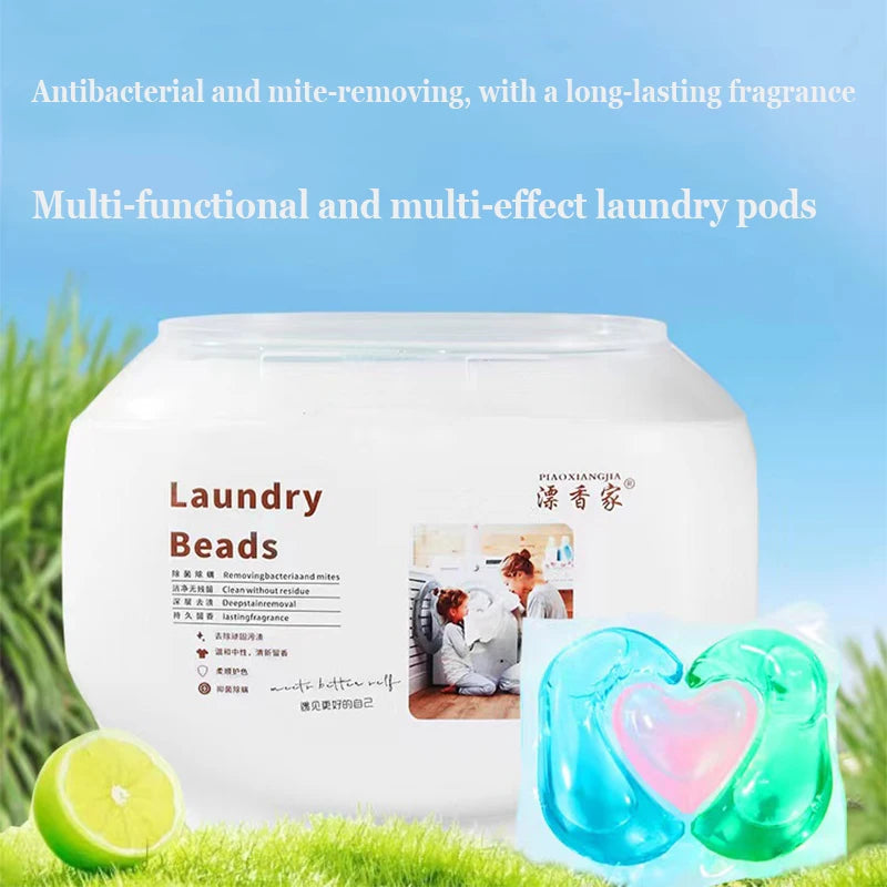 A white container of Laundry Beads with a lime slice and green leaves, showing multi-functional laundry pods.