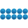 A row of twelve blue reusable laundry balls for clothes and machines.