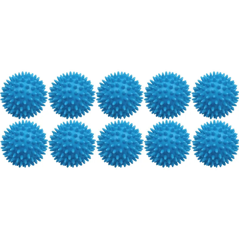 A row of twelve blue reusable laundry balls for clothes and machines.