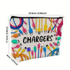 A zippered pouch filled with various electronic chargers and cables for travel and desk organization.