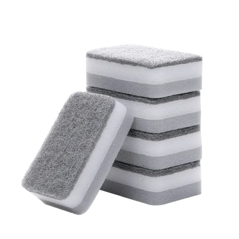 Stack of gray and white double-sided cleaning sponge wipes