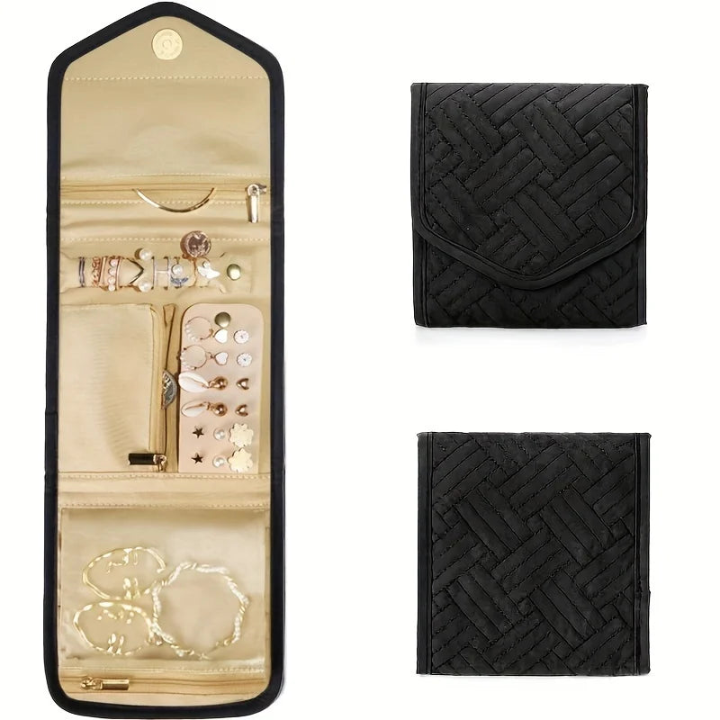 A foldable waterproof jewelry organizer bag shown open and closed in black and beige tones.