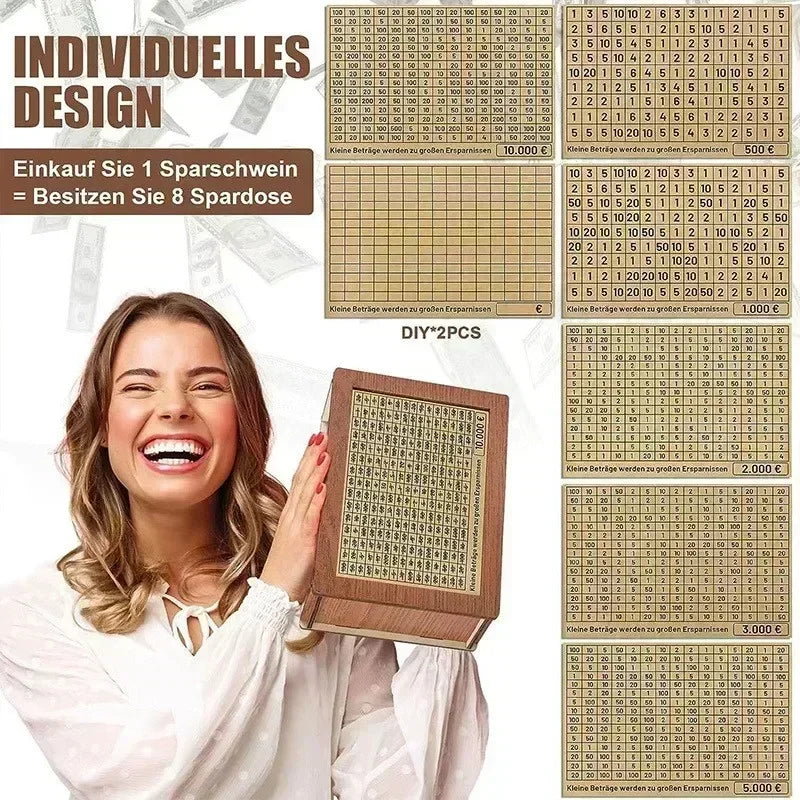 A wooden piggy bank with a grid of saving goals and various currency amounts is displayed next to a smiling woman.