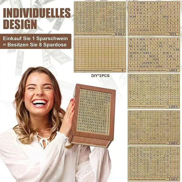 A wooden piggy bank with a grid of saving goals and various currency amounts is displayed next to a smiling woman.