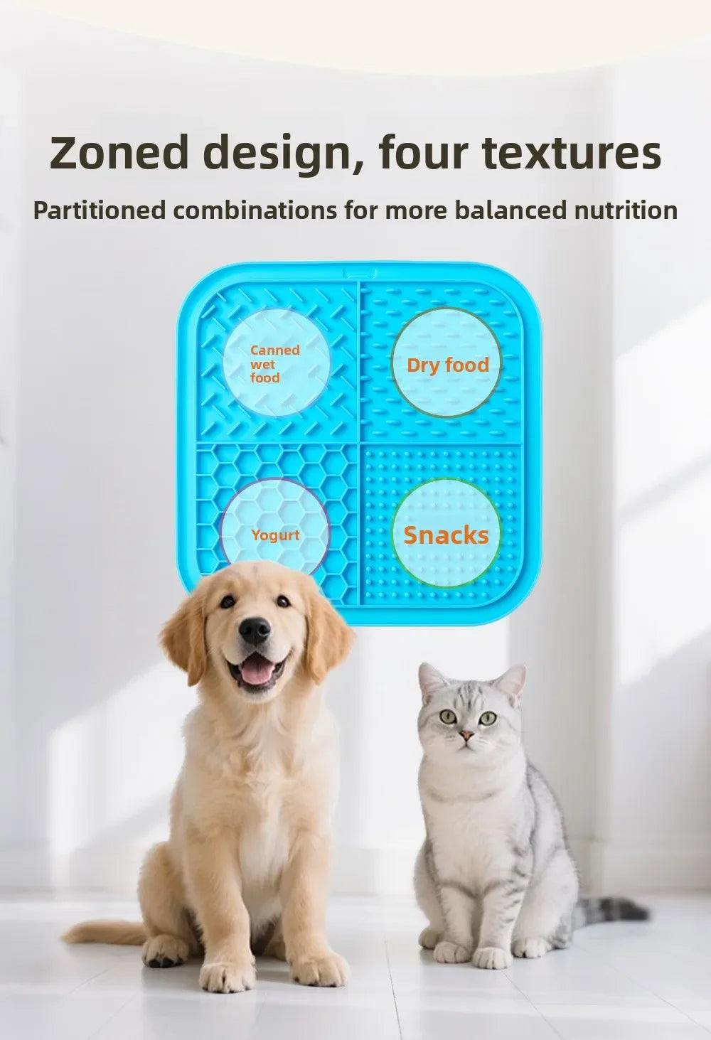 Blue silicone partitioned food bowl for dogs and cats with four textures