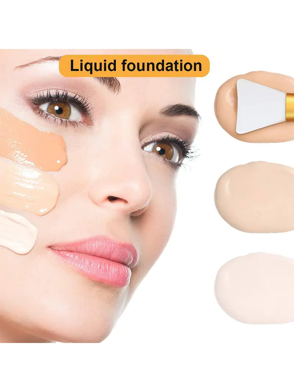 A close-up of a woman's face applying liquid foundation with silicone facial mask brushes.