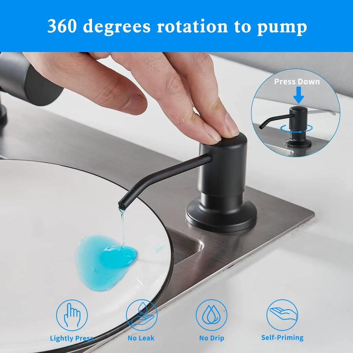 Hand pressing a black dispenser to pump liquid soap onto a plate, demonstrating self-priming and no drip features.