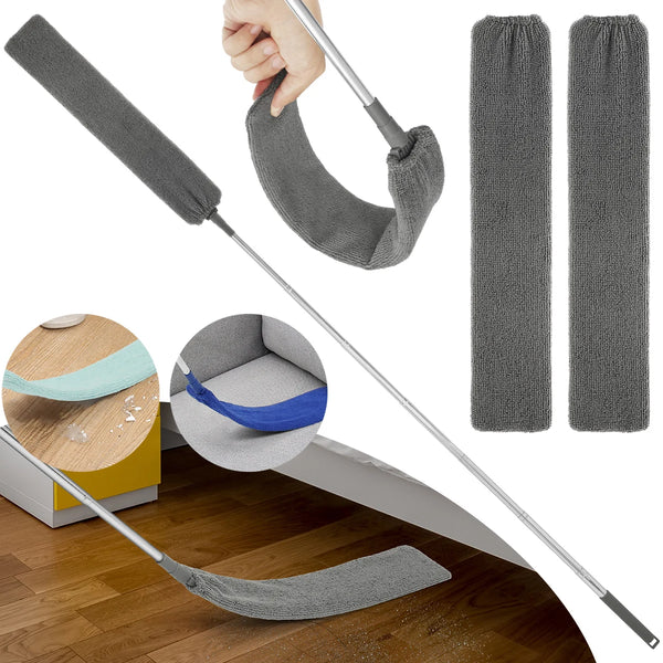 A retractable gap cleaning duster with a flexible microfiber head shown in various forms and usage.