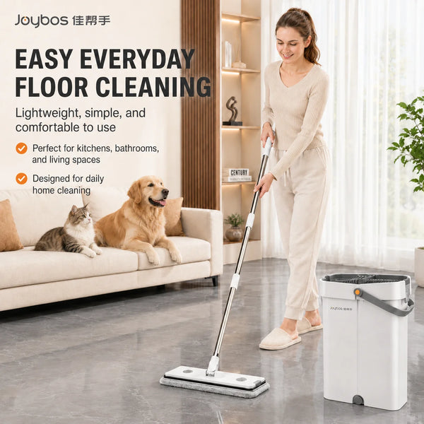 A woman is using an ultra-slim flat mop set with a squeegee edge for everyday floor cleaning in a modern living space.