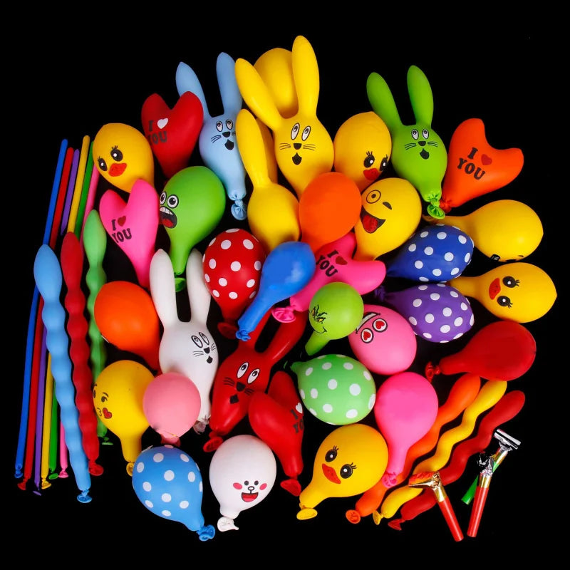 A collection of colorful inflatable cartoon animal balloons, including yellow, green, and red shapes.